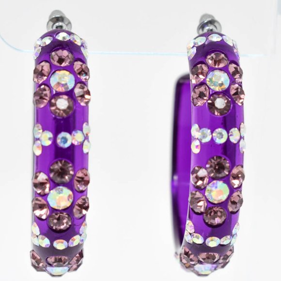 2" Flower Pattern Purple Lucite Rhinestone Hoops - Picture 2 of 13